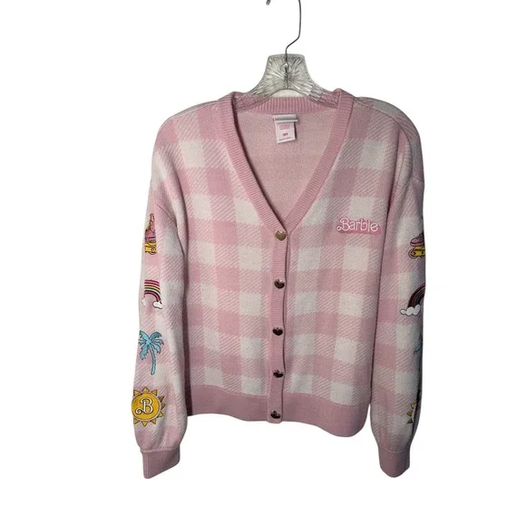 Barbie The Movie Pink Cardigan Sweater Size Small Gingham Heart Buttons - Picture 6 of 11